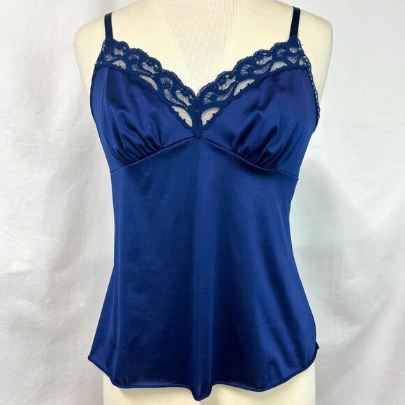 VANITY FAIR Vintage 70s Navy Floral Lace Trim Satin Camisole Slip Tank Size 36/M - Picture 1 of 6